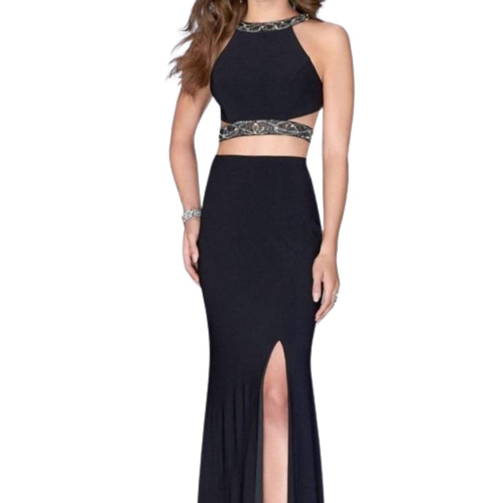 NWT La Femme 24414SC Jersey Evening Gown Black Size 4